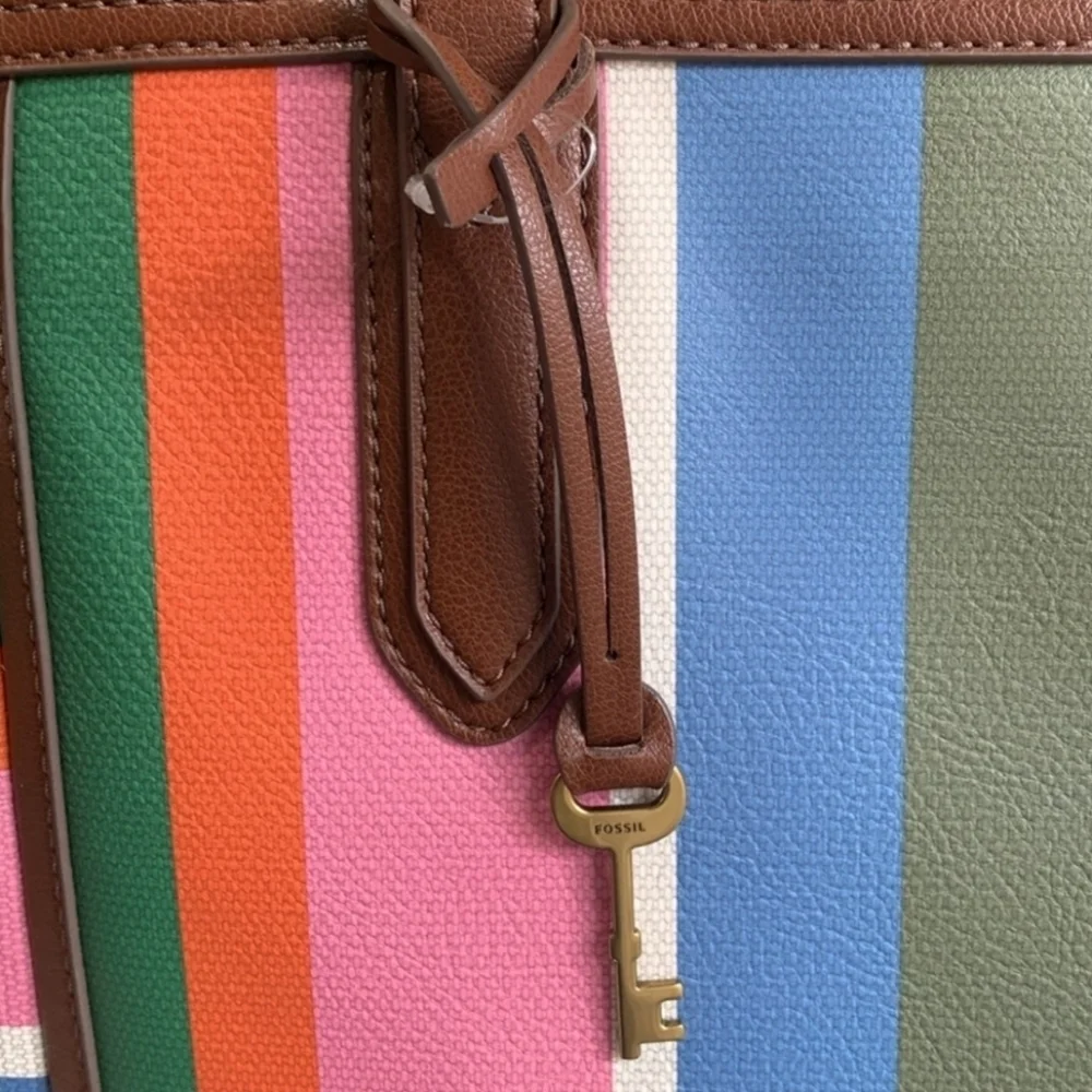 Fossil Sydney tote in Colorful Stripes brown vegan leather trim new with tags